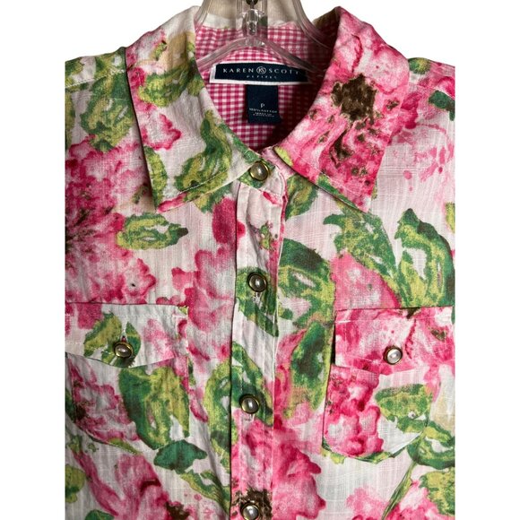 Karen Scott Petites P Floral Button-Up Shirt Pockets Flowers Cotton 3/4 Sleeves - Picture 2 of 12
